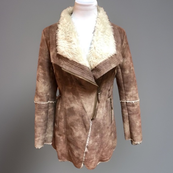Vintage BoHo Hippie Brown Cream Assymetrical Zipper Jacket Coat sz S